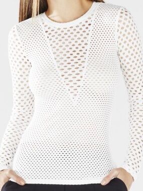 BCBG MaxAzria Top Size XXS White Elain Long Sleeve Mesh Fishnet Sheer Stretch